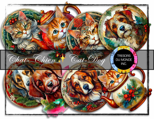 Chats et chiens - Ambiance de Noël - Image numérique solo haute résolution - Usage commercial et perso