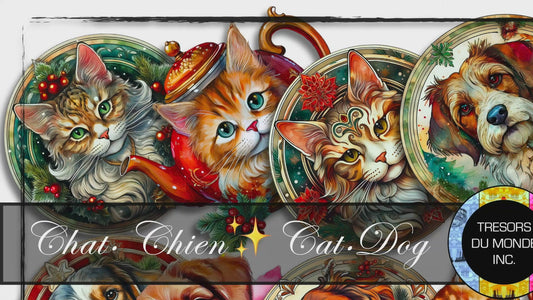Chats et chiens - Ambiance de Noël - Image numérique solo haute résolution - Usage commercial et perso